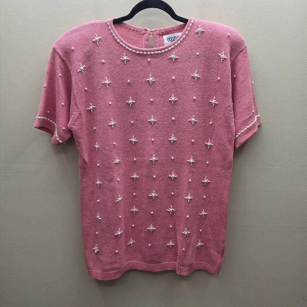 Vintage Cervelle Short Sleeve Knit Sweater Size Medium Faux Pearl Stars Pink
